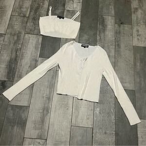 White 2 Piece Set Ribbed Knit Long Sleeve Crop top Bralette Top Open Front M